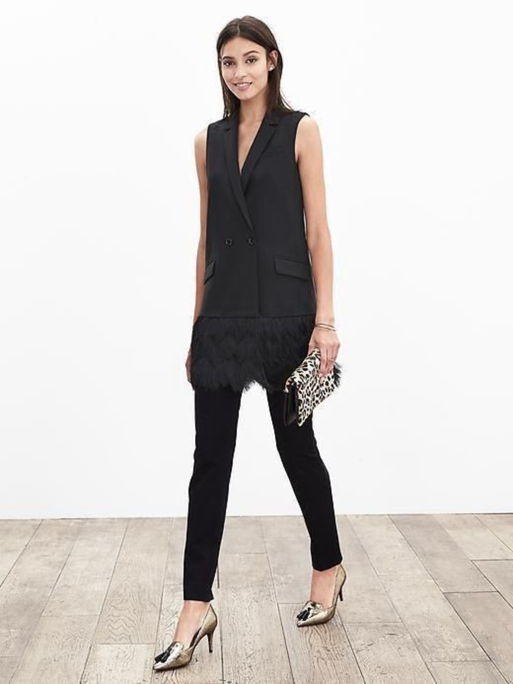 Banana Republic Black Long Fringe Hem Vest $250 retail, Size 8